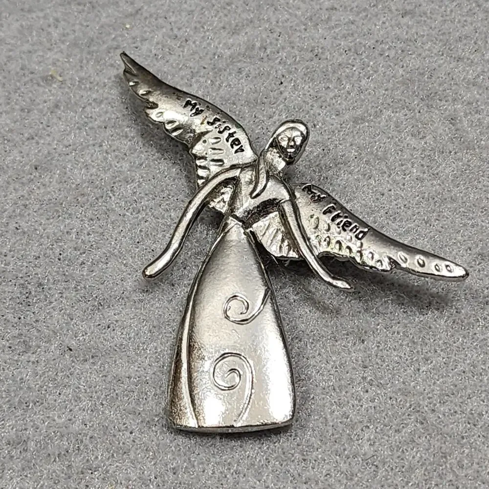 'My Sister My Friend' Inscription Angle In Flight Brooch Pin Vintage Silver Tone